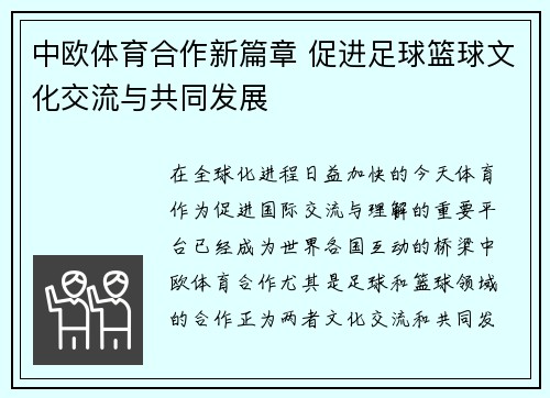 中欧体育合作新篇章 促进足球篮球文化交流与共同发展